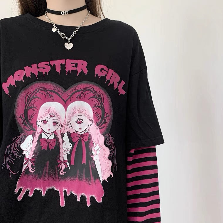 “MONSTER GIRL” BLACK AND PINK PUNK FAKE TWO PIECES SHIRT BY90189