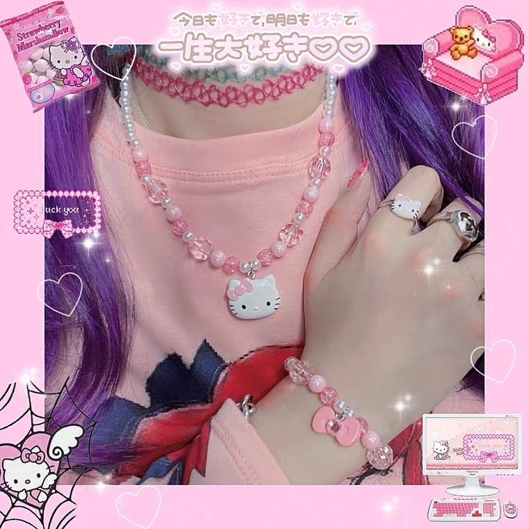 INS CUTE “HELLO KITTY” NECKLACE & BRACELET & RING 3 PIECES BY50030
