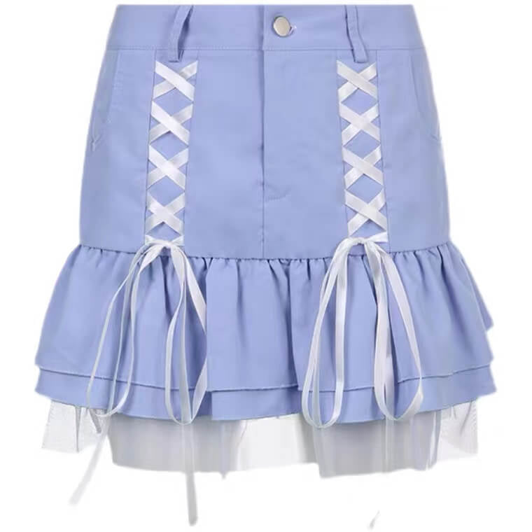 Ins fresh blue mesh stitching skirt BY4052
