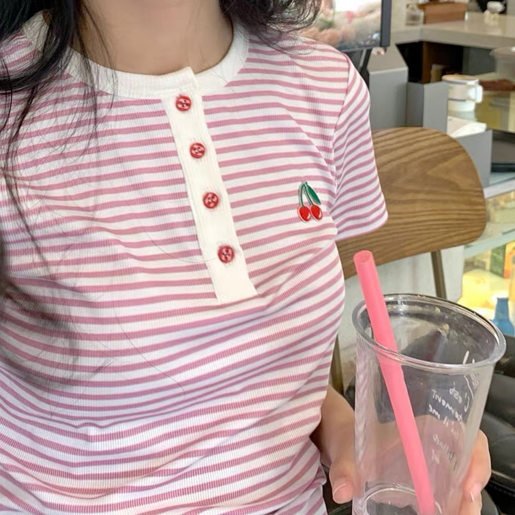 2022 sweet cherry pink striped T-shirt BY104