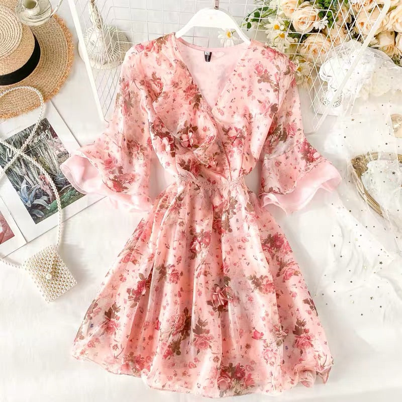 INS SWEET 3D FLOWERS LACE WAIST DRESS BY40901 | aleeby