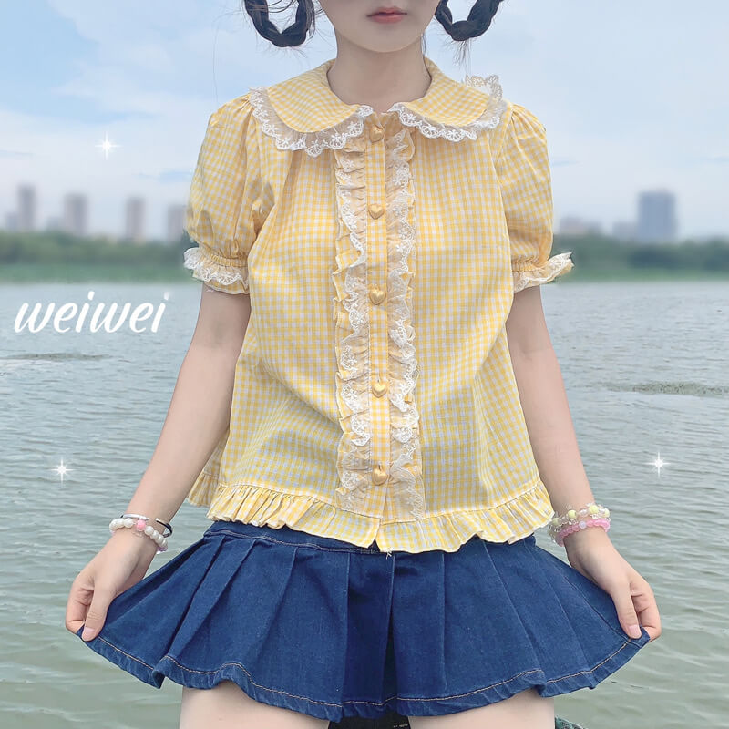 Japanese Lolita kawaii lace plaid shirt BY2091