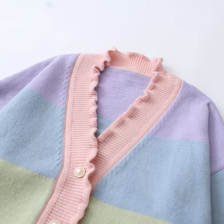 Cute rainbow stripe v-collar cardigan sweater BY7001