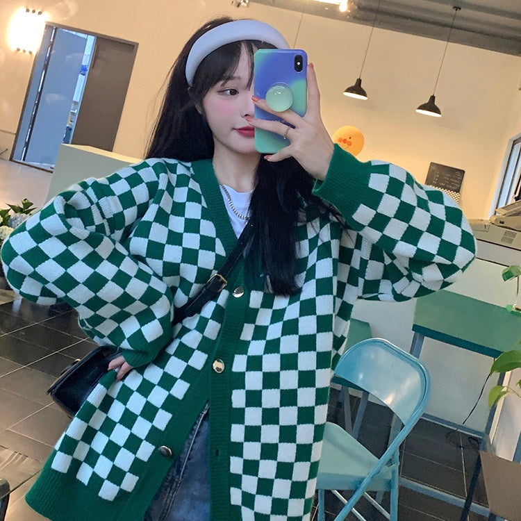 NEW PINK/GREEN/BLACK CHECKERS KNIT CARDIGAN COAT BY90010