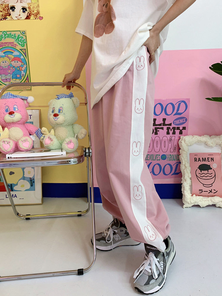 CUTE BUNNY EMBROIDERY WIDE-LEG PANTS BY30000