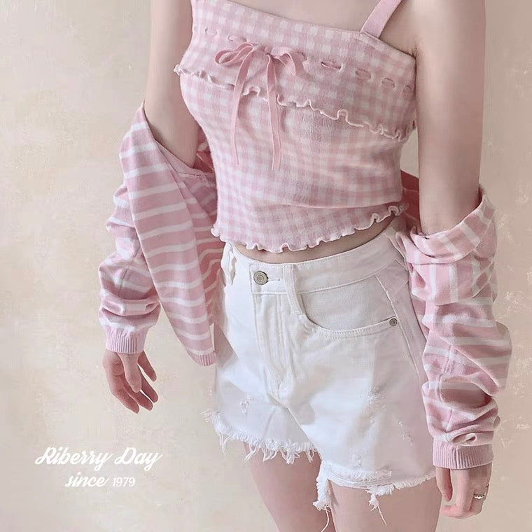 Sweet pink plaid lace bow knit shirt BY7022
