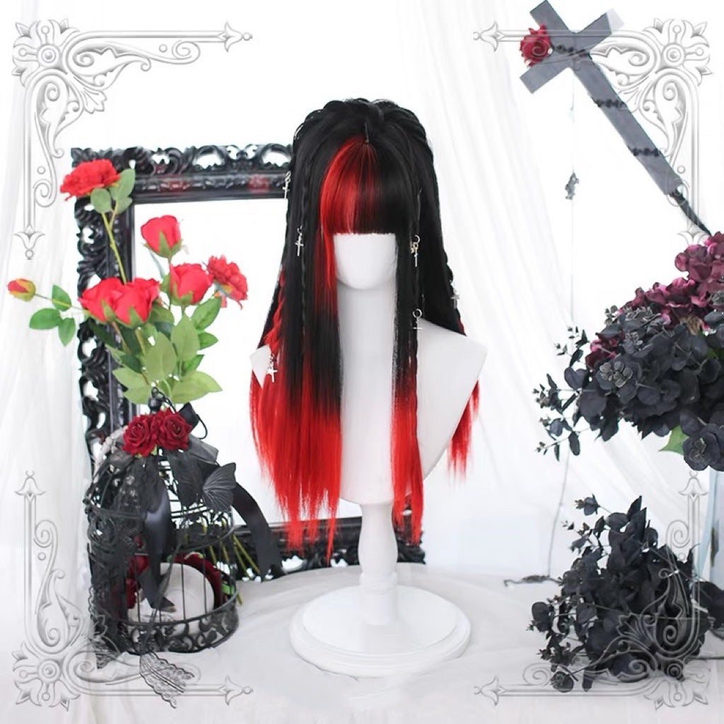 Lolita dark Y2K black red long straight wig BY7070