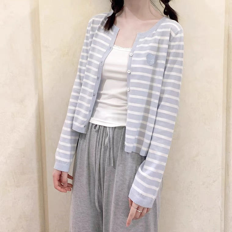 Pastel blue/black striped knit cardigan BY100