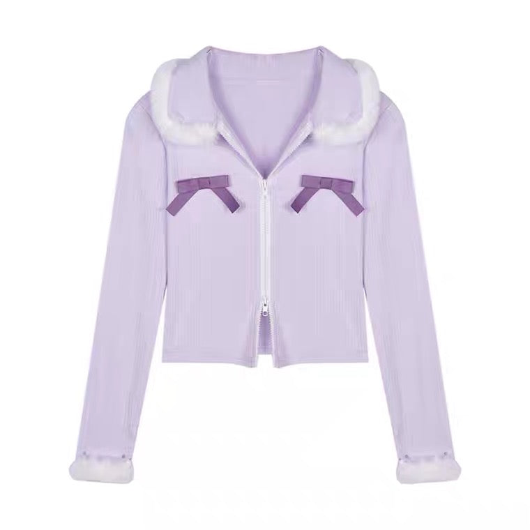 Plush short light purple long sleeved cardigan by5012