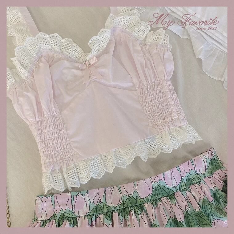 Cute Cream Girl Lace Strap Pink Top BY2271