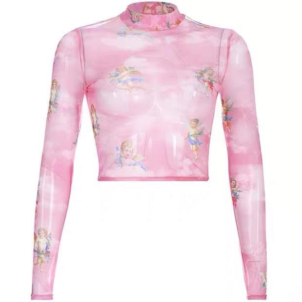 CUTE ANGEL PRINT MESH TOP BY22253 | aleeby