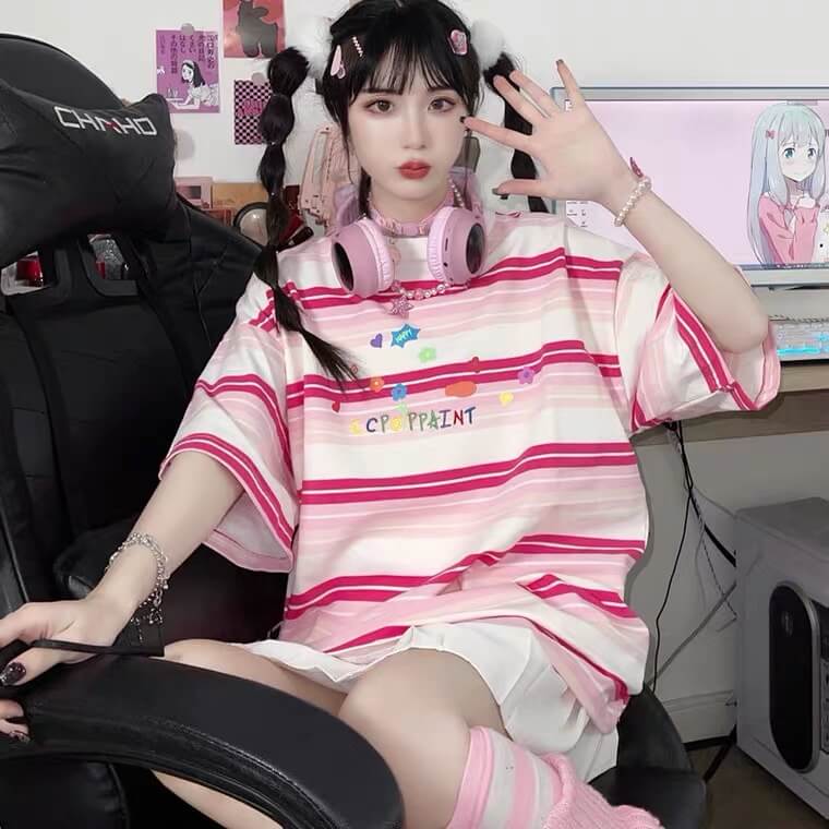 Ins fashion cute striped oversized T-shirt BY2096