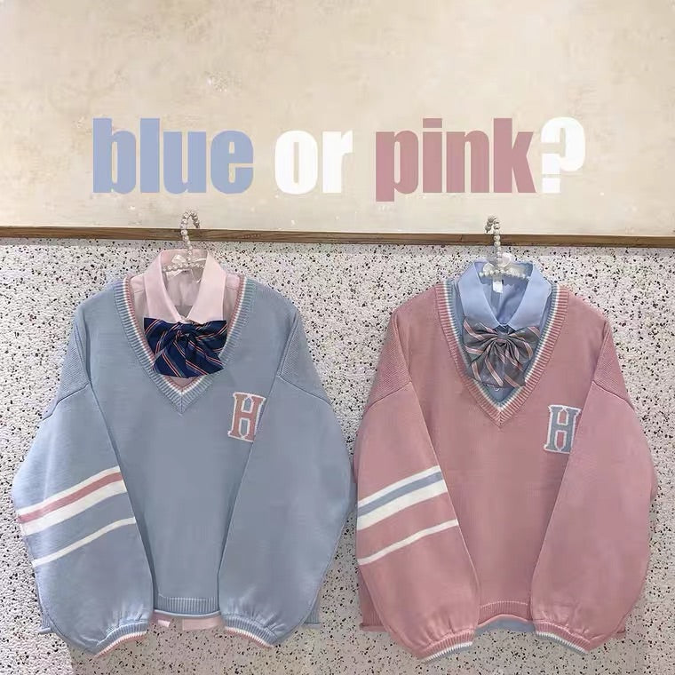 PREPPY STYLE PINK BLUE V-COLLAR SWEATER BY55555