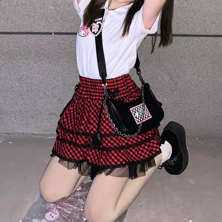 JAPANESE HOT GIRL PUNK PLAID LACE CAKE SKIRT BY90131 | aleeby