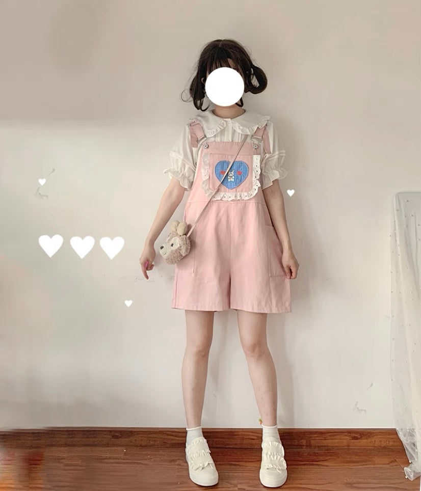 CUTE BUNNY EMBROIDERY CANDY OVERALLS SHORTS BY50096