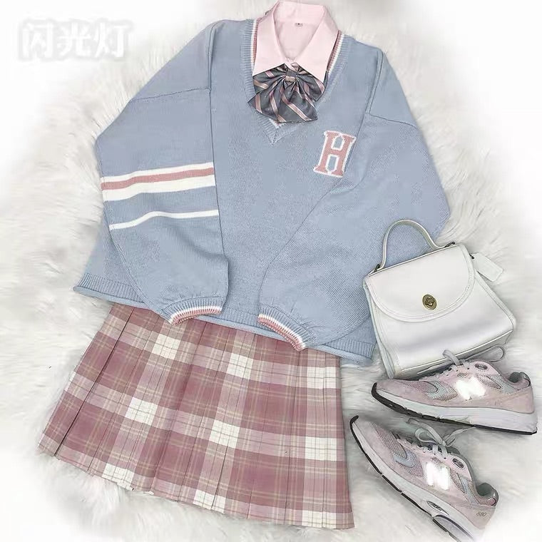 PREPPY STYLE PINK BLUE V-COLLAR SWEATER BY55555