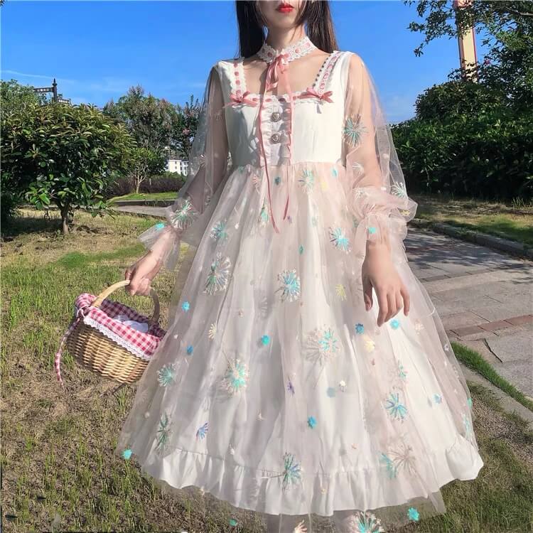 Japanese sweet floral embroidery mesh princess dress BY1197