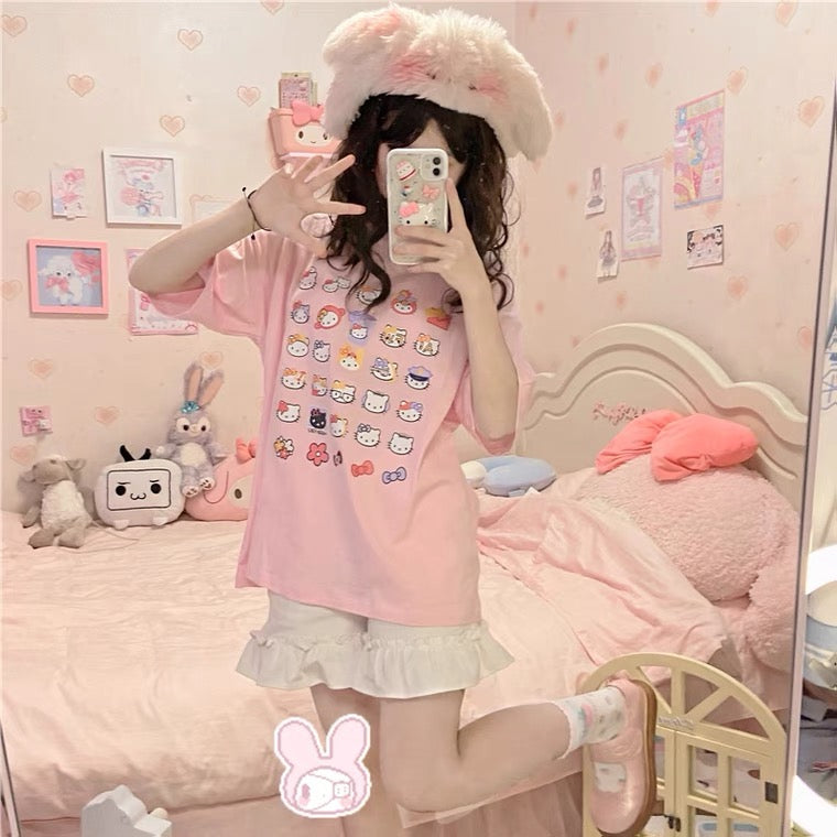 JAPANESE CUTE CAT PRINT PASTEL PINK T-SHIRT BY60038
