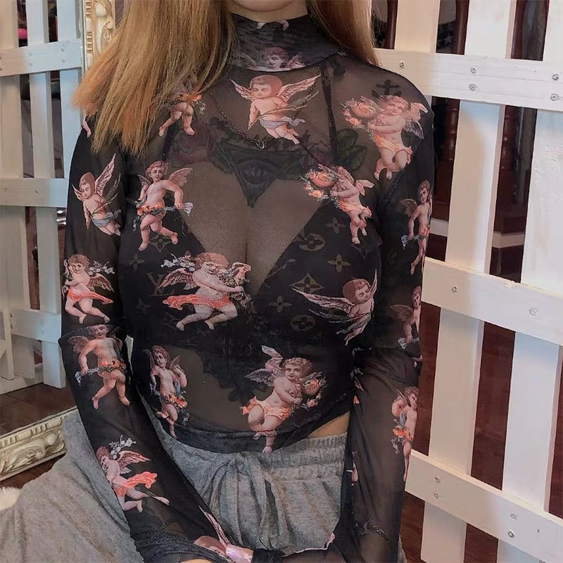 INS HOT ANGEL PRINT MESH T-SHIRT