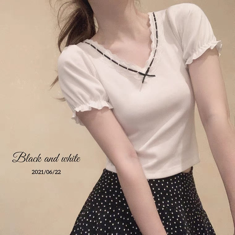 Sweet bow lace softgirl shirt croptop BY7020