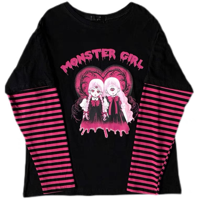 “MONSTER GIRL” BLACK AND PINK PUNK FAKE TWO PIECES SHIRT BY90189