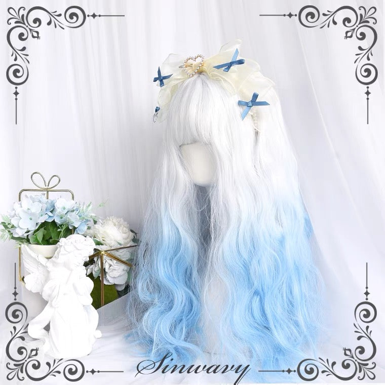 Fairy white blue gradient long curly wig BY6092