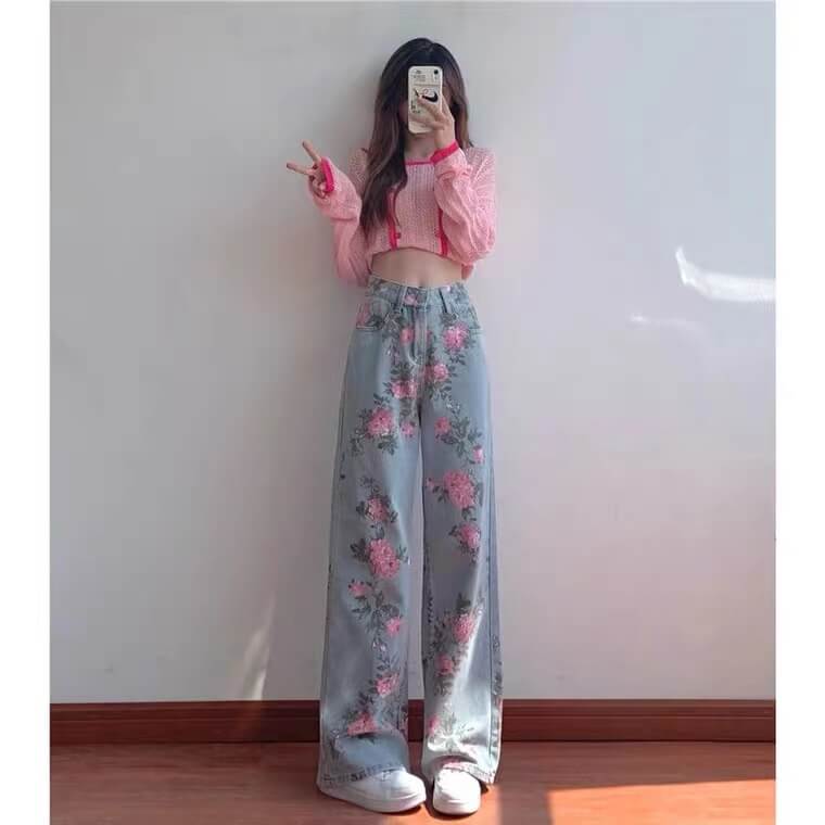 Ins sweet and spicy rose embroidered jeans BY7010