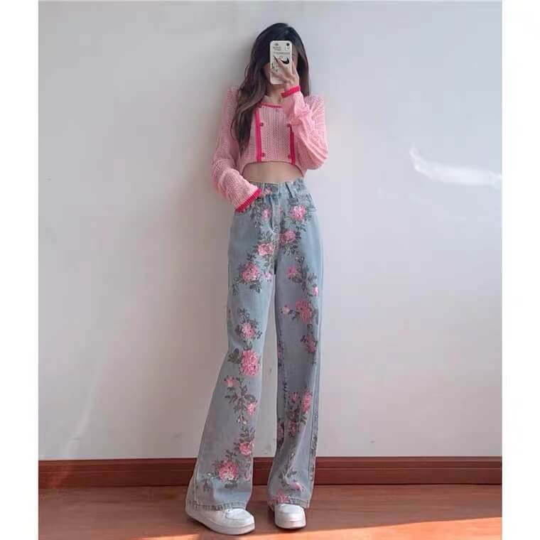 Ins sweet and spicy rose embroidered jeans BY7010