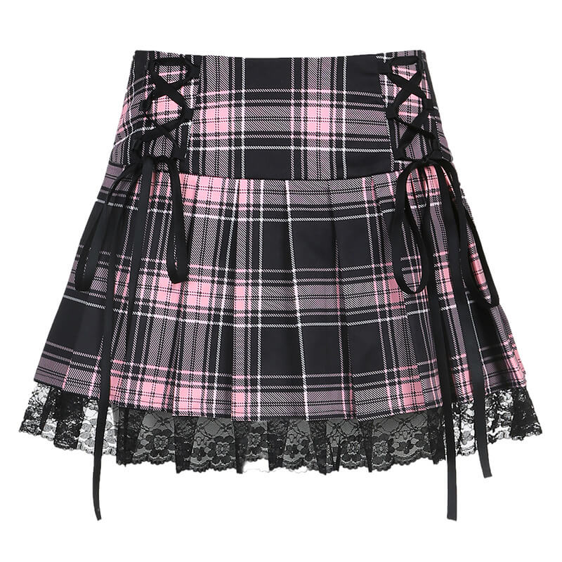 INS Contrast pleated skirt with lace edge and tied plaid skirt BY90051